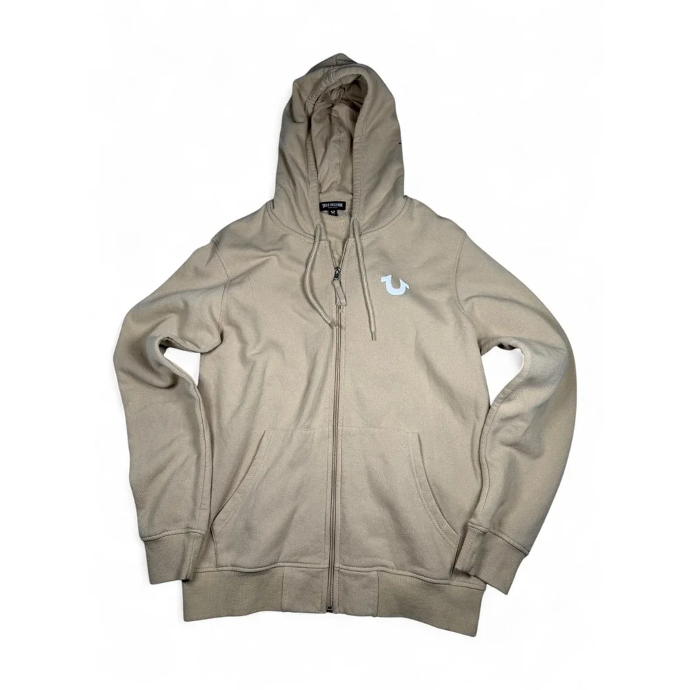 True Religion Mens Tan Buddha Graphic Full Zip Hoodie Horseshoe Logo Size Medium